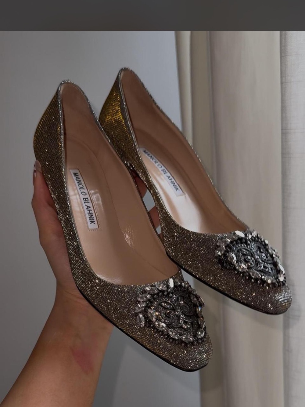 Manolo Blahnik silver Glitter Jeweled block Pumps